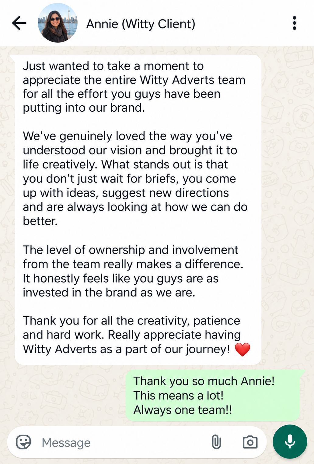 WhatsApp testimonial from Annie, Witty Adverts client
