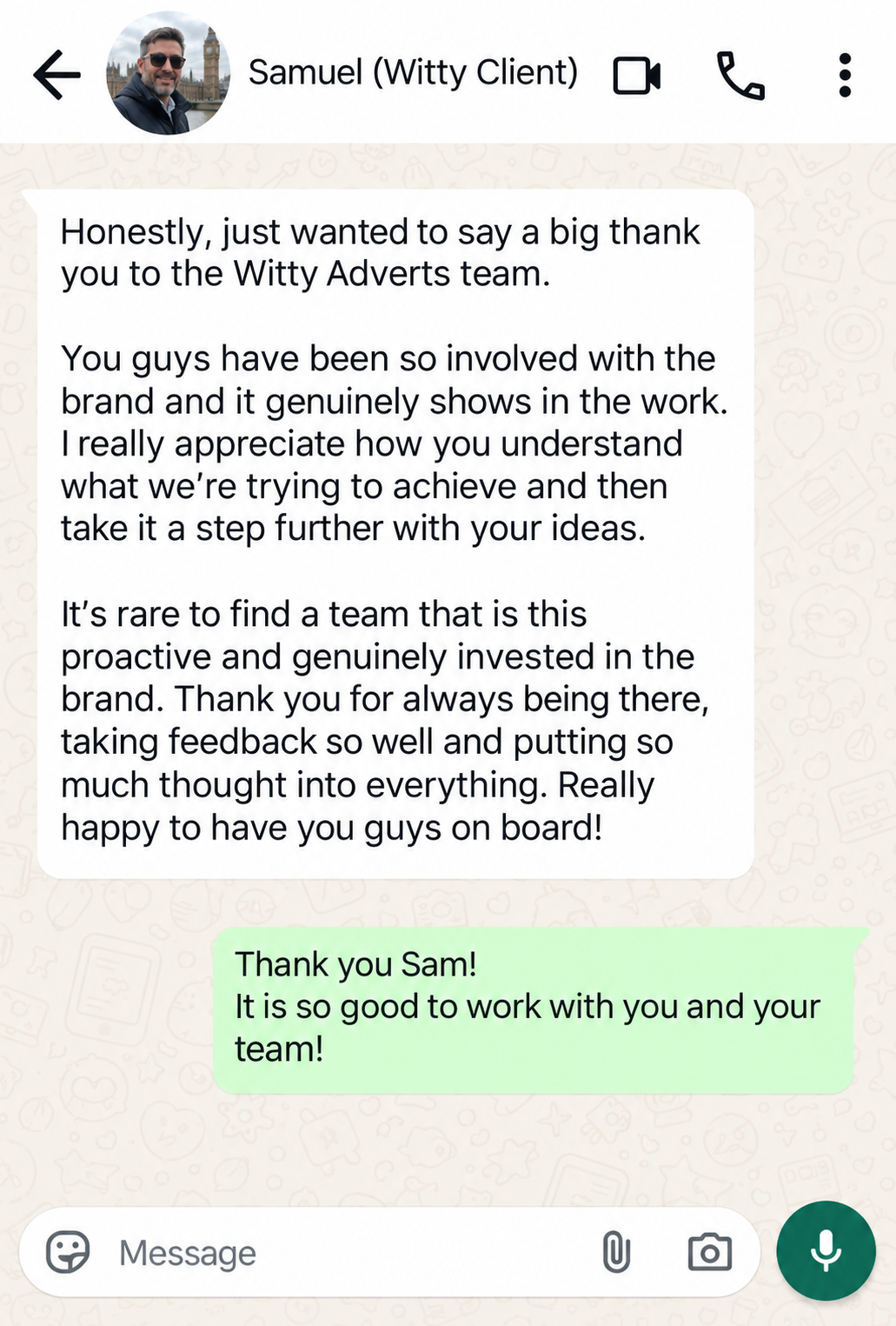 WhatsApp testimonial from Samuel, Witty Adverts client