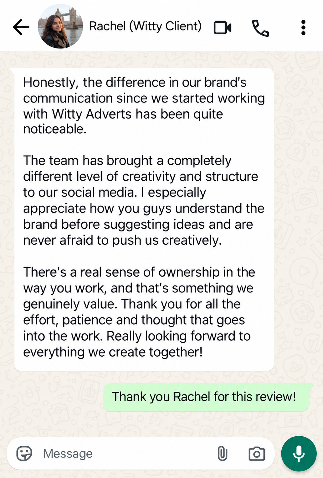 WhatsApp testimonial from Rachel, Witty Adverts client