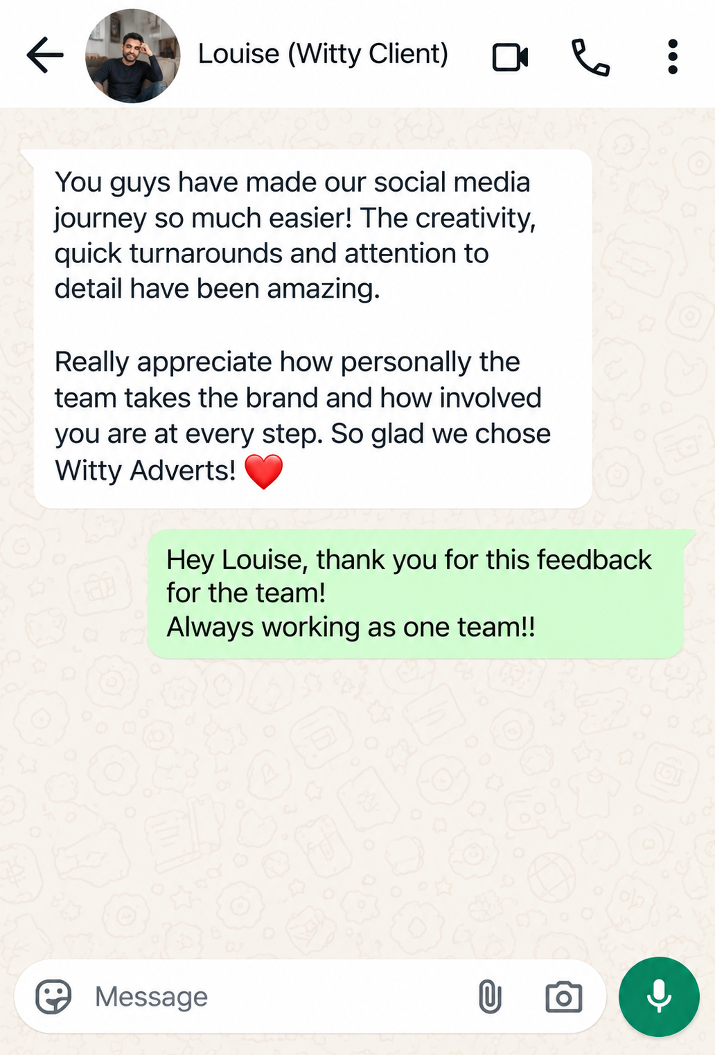 WhatsApp testimonial from Louise, Witty Adverts client